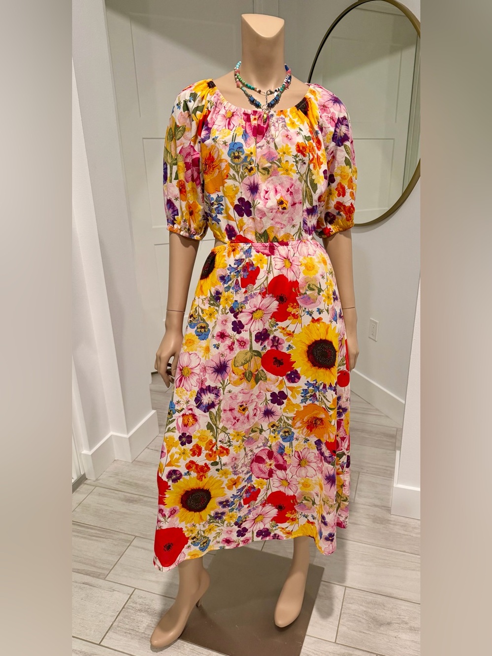 H&M | Wildflower Garden Midi Dress | Cut-Out Waist | Cotton | Size M